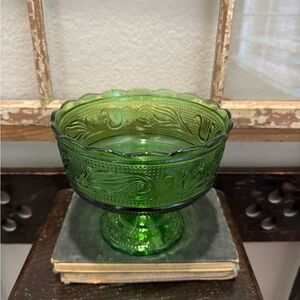 Vintage Green Glass Pedestal Bowl